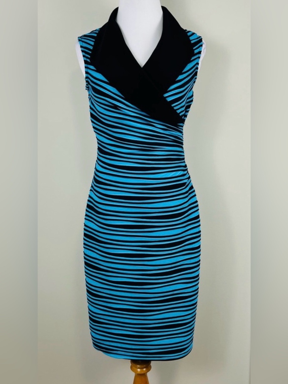 Blue and Black Striped Sleeveless Sheath Dress